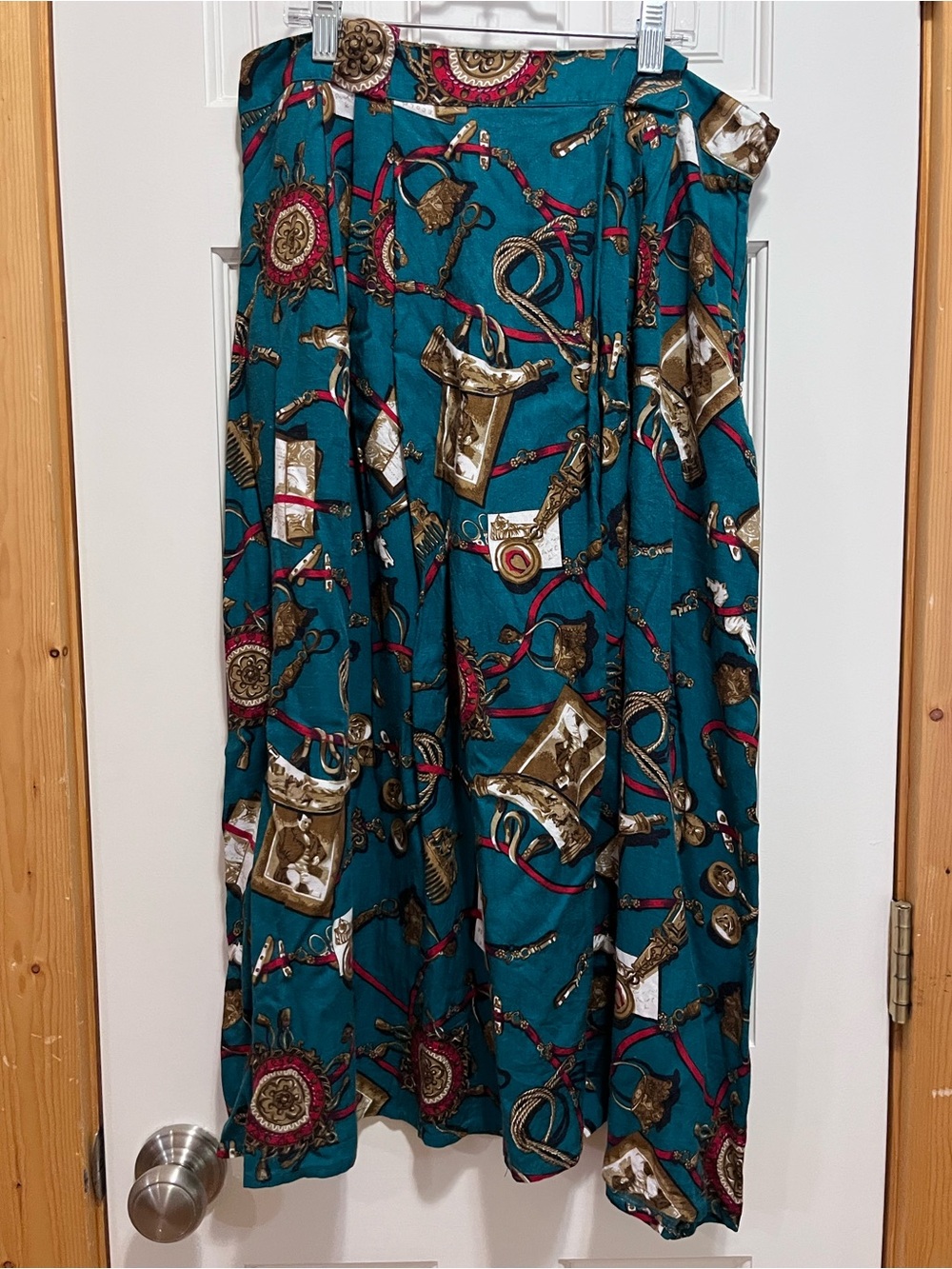 CHAUS 80s Vintage Dark Teal Equestrian Novelty Print Pleated Skirt Womens 16